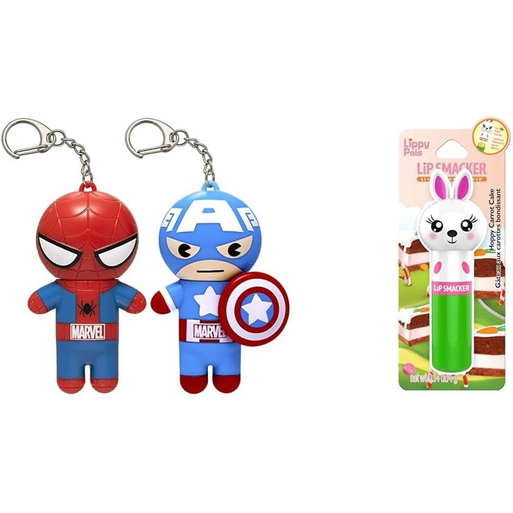 Lip Smacker Marvel Spiderman And Captain America Keychain Lip Balm Bundle With Lippy Pals Carrot Cake Bunny Lip Balm 3 Pack