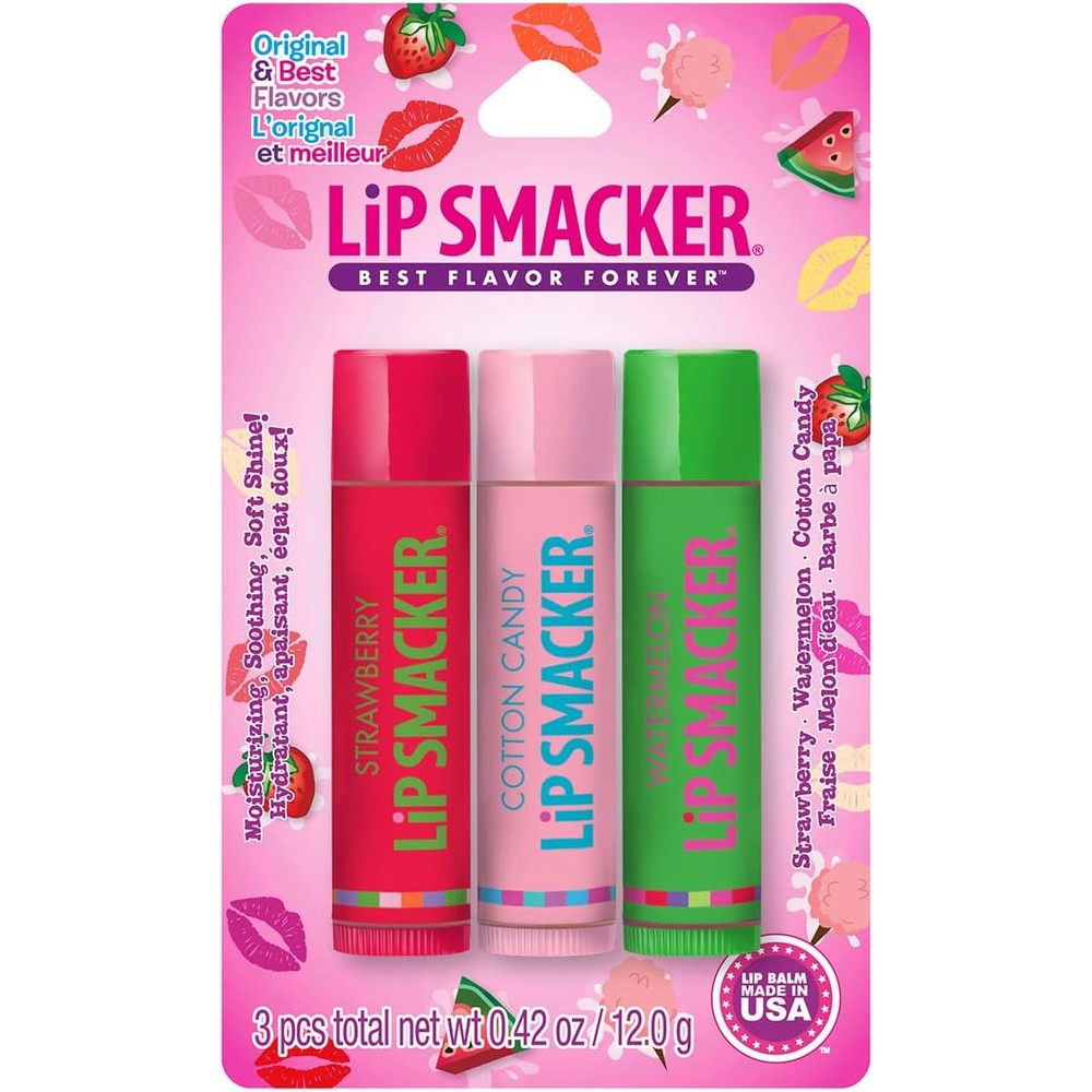 Lip Smacker Flavored Lip Balm Original And Best Moisturizing Soothing Trio Strawberry Watermelon And Cotton Candy 0.42 Total Ounce