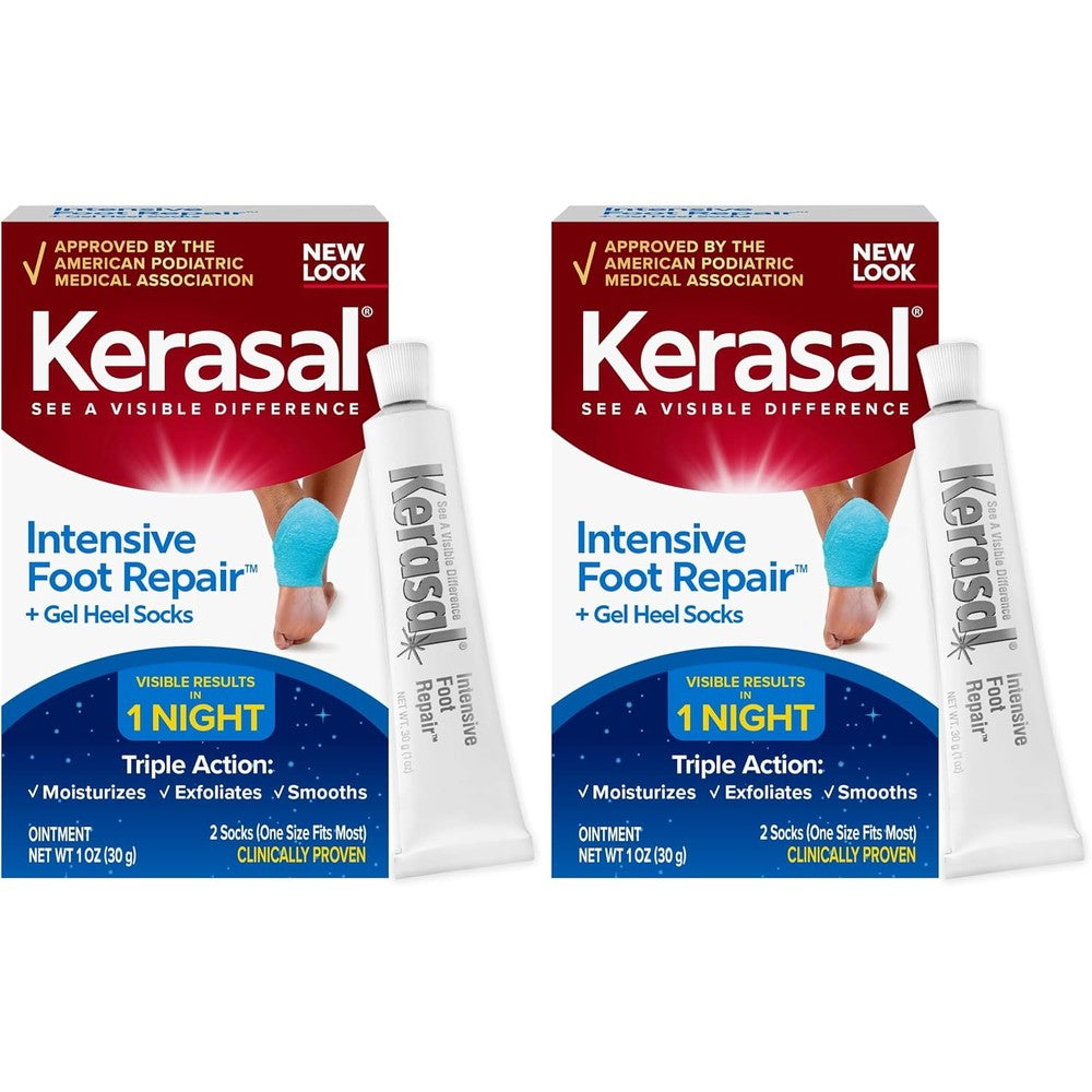 Kerasal Intensive Foot Repair Skin Healing Ointment One Ounce and Moisturizing Gel Socks Overnight Cracked Heel Therapy Pack of Four