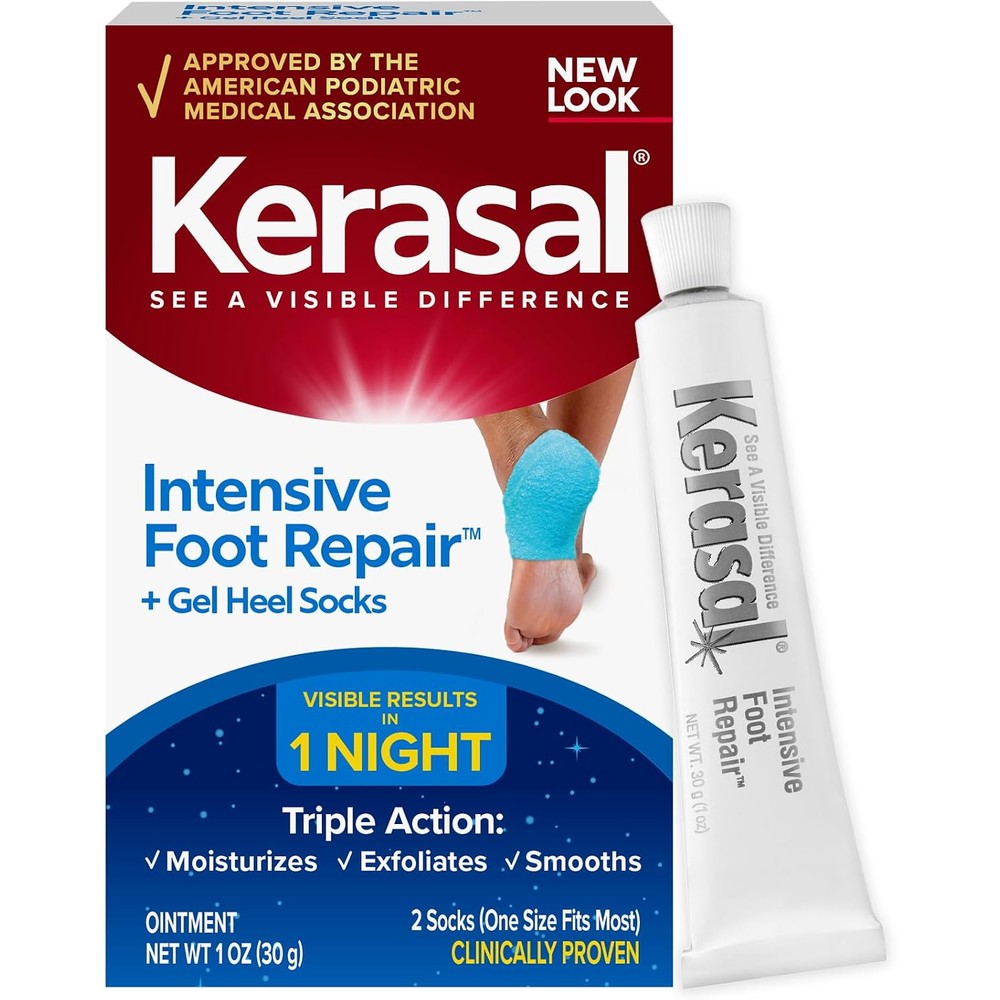 Kerasal Intensive Foot Repair Skin Healing Ointment One Ounce And Moisturizing Gel Socks One Pair Combo Pack For Dry Cracked Heels And Feet