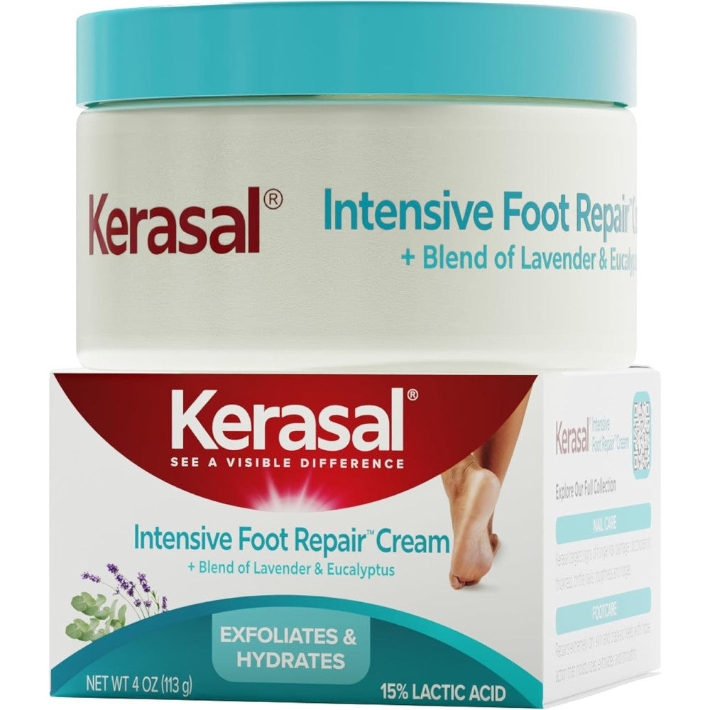 Kerasal Intensive Foot Repair Cream with Lactic Acid Lavender and Eucalyptus Exfoliating Foot Moisturizer for Cracked Heels Four Ounces