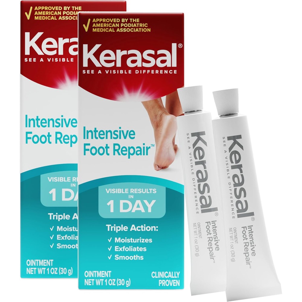 Kerasal Intensive Foot Repair Skin Healing Ointment for Cracked Heels and Dry Feet, Exfoliating Podiatrist Approved Formula, 1 Ounce, Pack of 2
